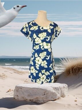 Vintage Kahuku Hawaiian Cotton Blue Floral Babydoll Mini Dress Jr Size Med New